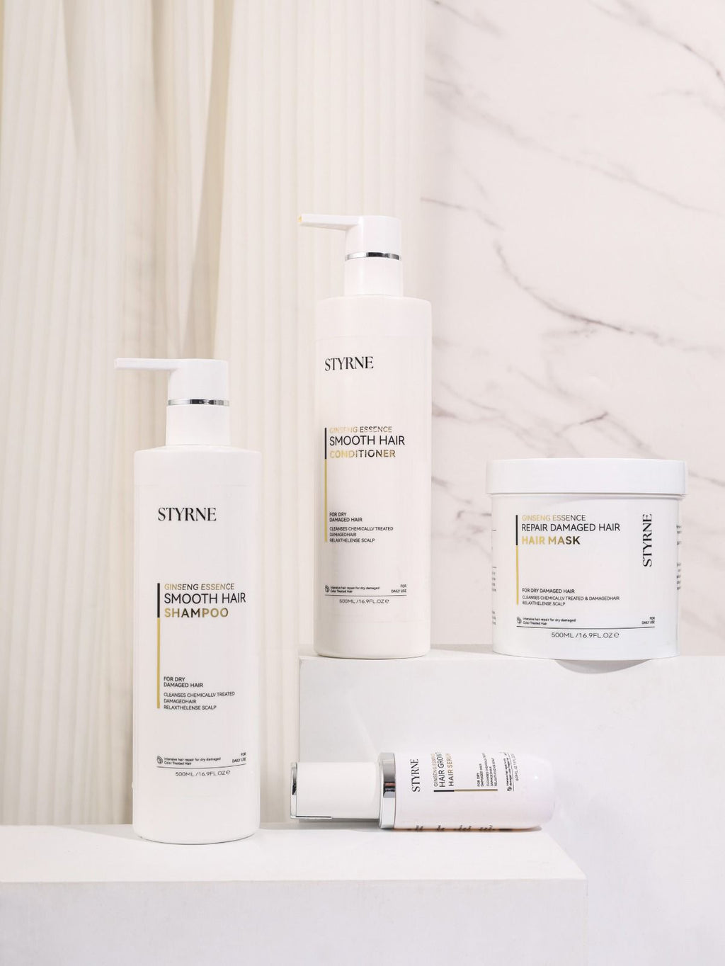 Styrne hair care products on a white background
